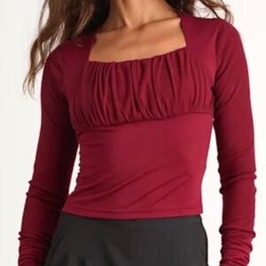 Zemeta Bloom Heart Top Large Wine Red Long Sleeve Ruched Square Neck NWT